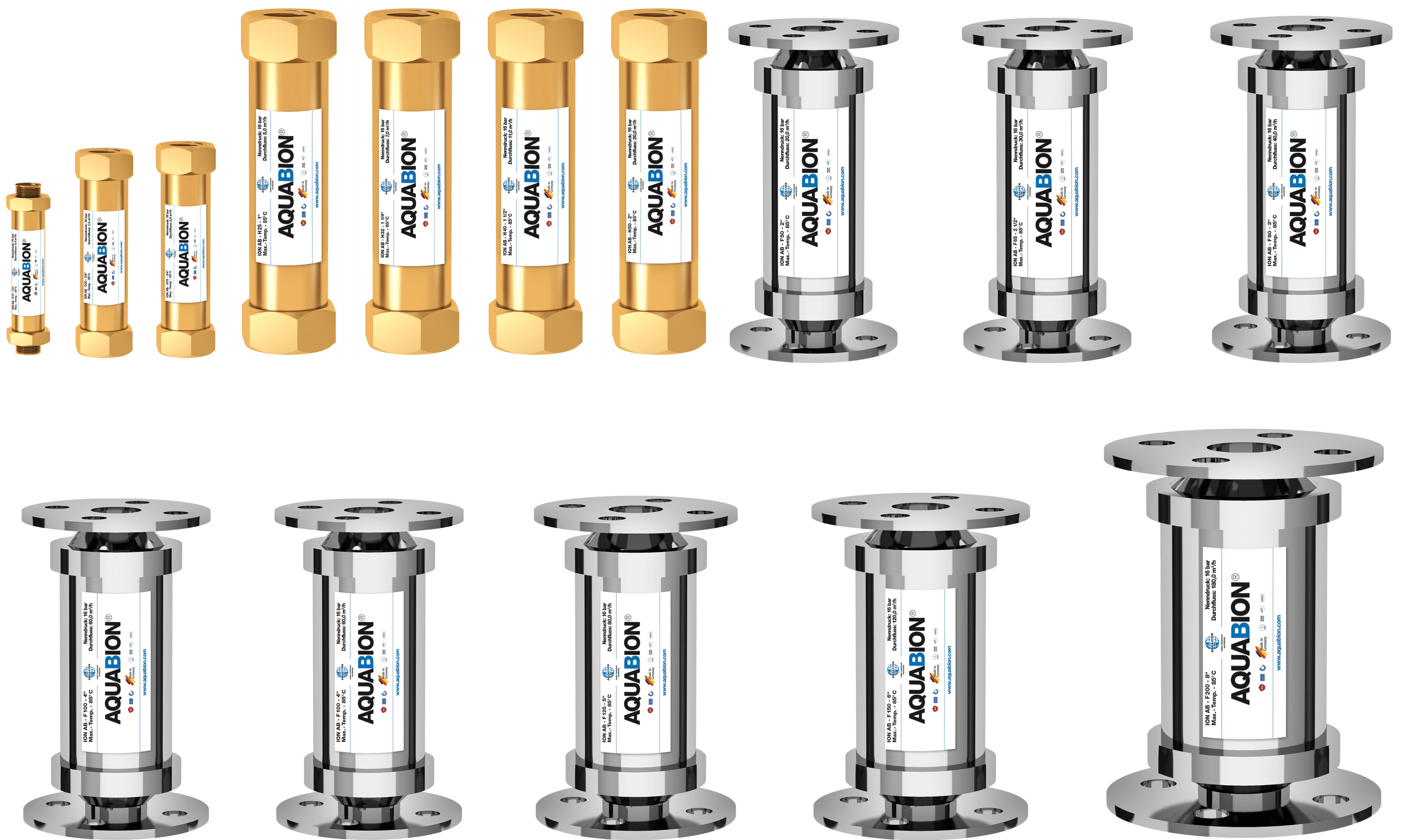 Gamme complète AQUABION — traitement anti-tartre galvanique DN10 à DN1000