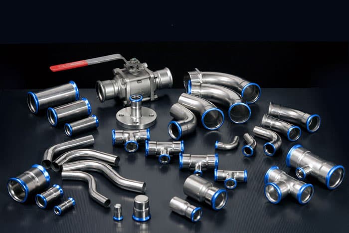 Gamme complète de raccords press-fit inox Sertinox — coudes, tés, réductions, vannes